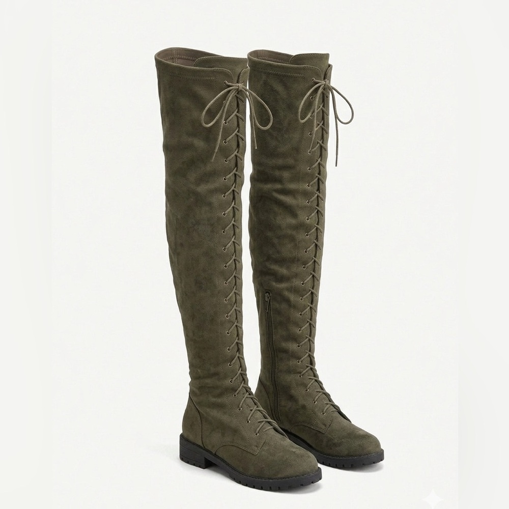 Stylish Olive Lace-Up Over-the-Knee Boots